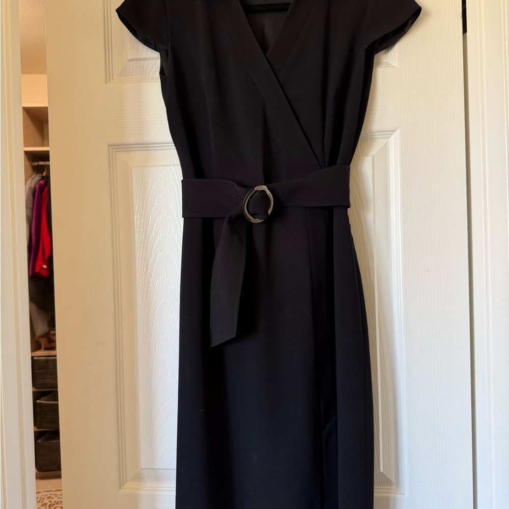 Tahari Black Midi Wrap Dress with Buckle Belt